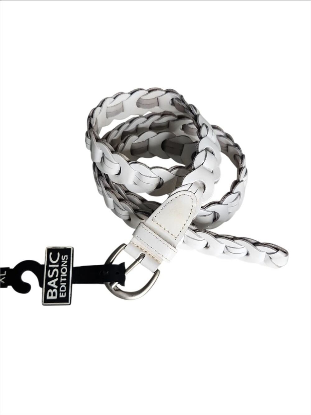NWT Basic Editions White Braided Genuine Leather Belt Adjustable Size XL